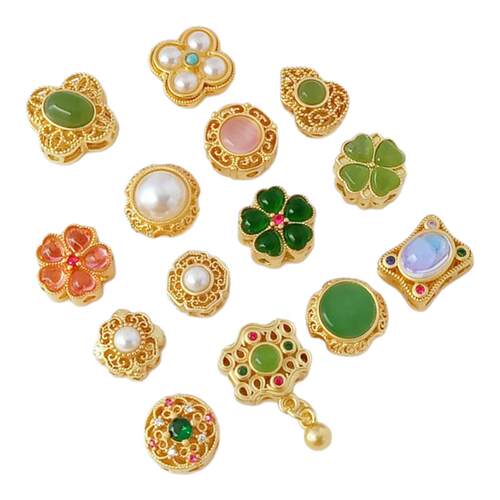 18K包金古法金保色镶玉粘贝四叶草葫芦五叶花直孔手工DIY散珠配件