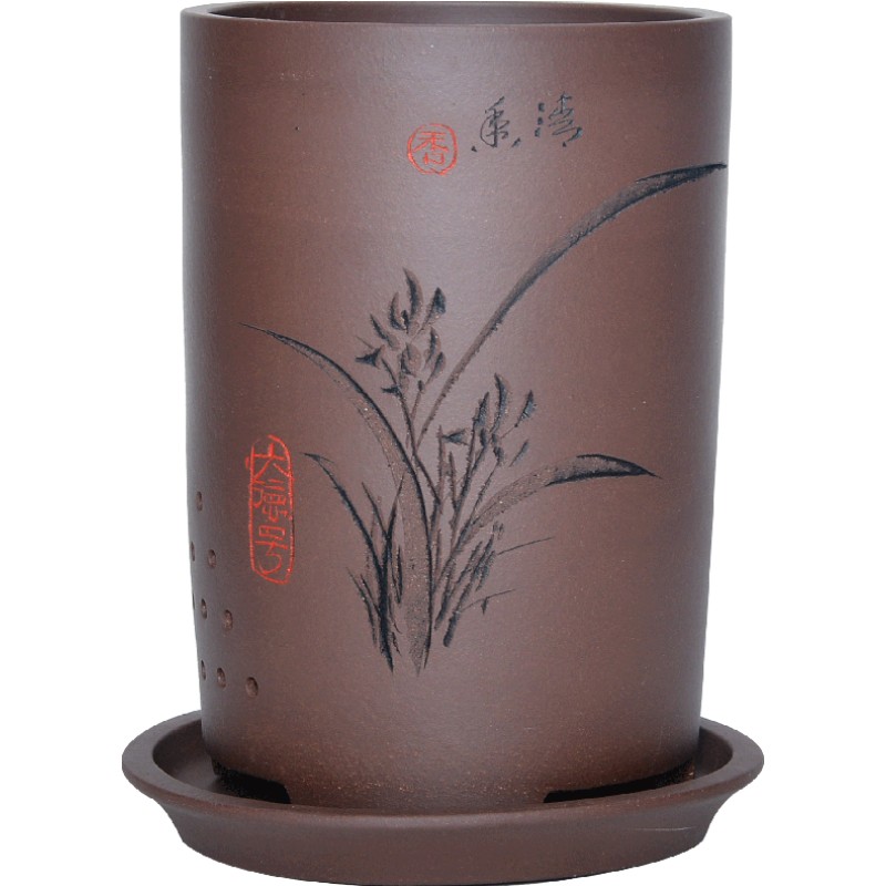 兰花盆大德号紫砂刻绘兰花盆
