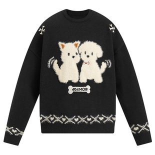 [廖俊涛同款]404MOB秋冬厚款提花趣味小狗毛衣男美式圆领针织衫
