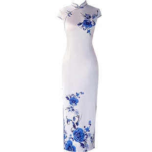 青花瓷长旗袍礼仪迎宾连衣裙年轻气质女装走秀礼服2025年春夏新款