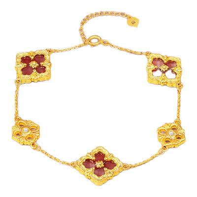 【热销】诗普琳黄18K金 天然红玛瑙幸运四叶草女手链串送礼