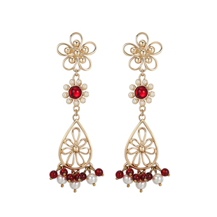 伊泰莲娜新款中国风耳环女新年金色红色喜庆珍珠流苏品韵耳勾