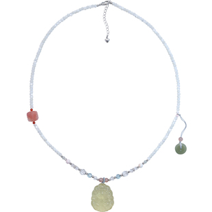 方糖家 新中式天然柠檬晶桃花九尾狐牌和田玉玛瑙串珠项链长款女