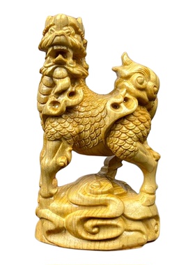 崖柏麒麟一对聚财木雕摆件
