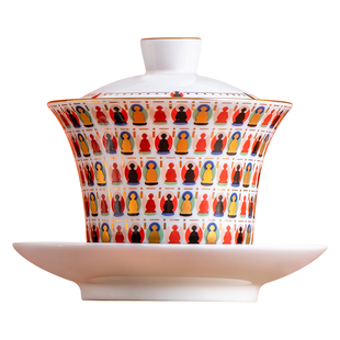 景德镇官方陶瓷高温白瓷三才盖碗茶杯泡茶千佛图高档礼盒乔迁礼物