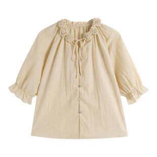 弥古法式黄色衬衫上衣女夏季薄款宽松娃娃衫多巴胺度假七分袖衬衣