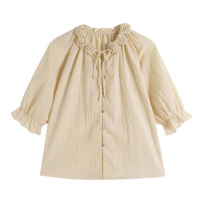 弥古法式黄色衬衫上衣女夏季薄款宽松娃娃衫多巴胺正肩七分袖衬衣