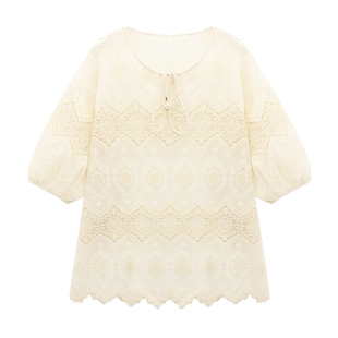 Basic House/百家好莱赛尔提花镂空衬衫夏季高级花边下摆短袖上衣