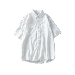 夏季亚麻工装短袖衬衣男潮牌ins修身五分袖衬衫日系宽松半袖上衣