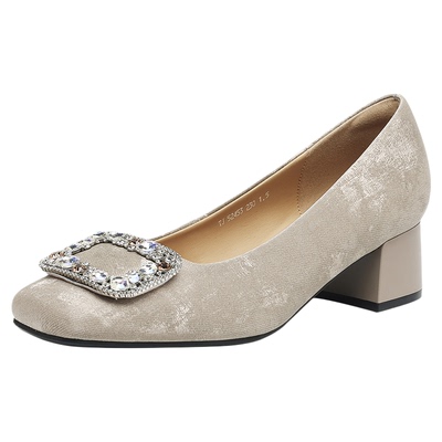 新中式粗跟单鞋女裸色高跟鞋