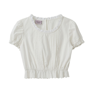 [张元英同款]ROLAROLA新款蕾丝细褶设计感短袖衬衫泡泡袖收腰