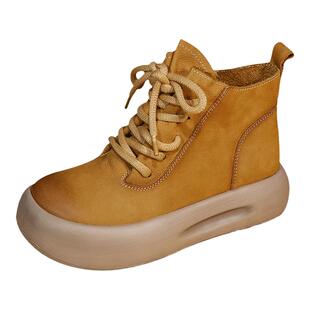 头层牛皮短靴女复古风2026春秋新款厚底高帮休闲单鞋平底马丁靴女