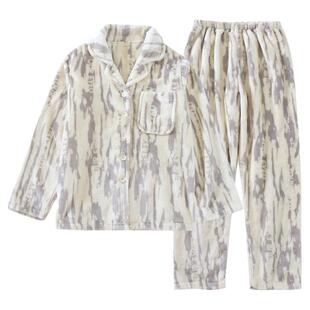 2024年冬法兰绒情侣睡衣女加厚保暖开衫休闲男斑纹字母家居服套装