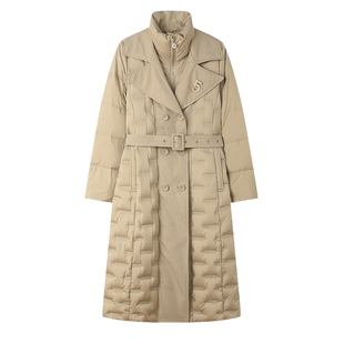 白鹿语鸭绒中长款羽绒服冬季新款立领拼接简约通勤风衣式女式外套