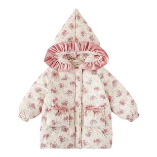 幼悠女童玫瑰花园洋气娃娃棉服冬季可爱防风保暖荷叶花边连帽外套