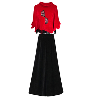 秋冬季披肩阔腿裤长裤套装中国风刺绣设计感新中式民族风两件套女