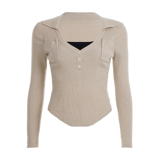 eilove美式休闲工装风口袋翻领上衣弧形下摆修身显瘦坑条针织T恤