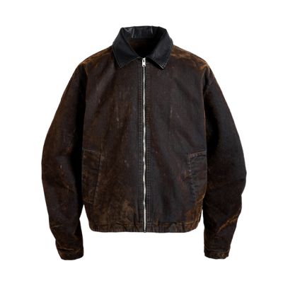 PMW 做旧水洗植绒牛仔夹克男撞色拼皮领设计复古宽松廓形工装外套