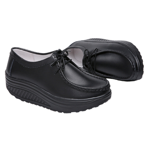 瑶瑶鞋女防滑中年波根厚底工業鞋春秋新款黑色工作旅游健身福乐鞋