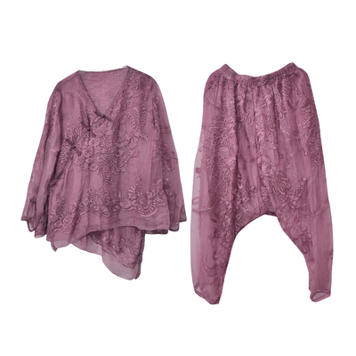 刺绣花高档桑蚕丝上衣裤子两件套