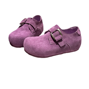 真皮版~欧货磨砂皮真皮金属扣卡皮巴拉复古面包鞋内增高女鞋单鞋