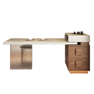 中古风洞石岛台餐桌亚克力脚小户型极窄岛台柜复古厨房迷你岩板导