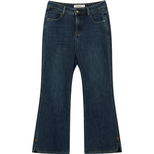 DM100大码百分百女装微胖mm冬季时尚百搭加绒保暖深蓝微喇牛仔裤