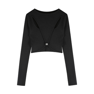 SUN11 黑色镂空针织衫女秋季设计感紧身毛衣法式修身长袖短款上衣