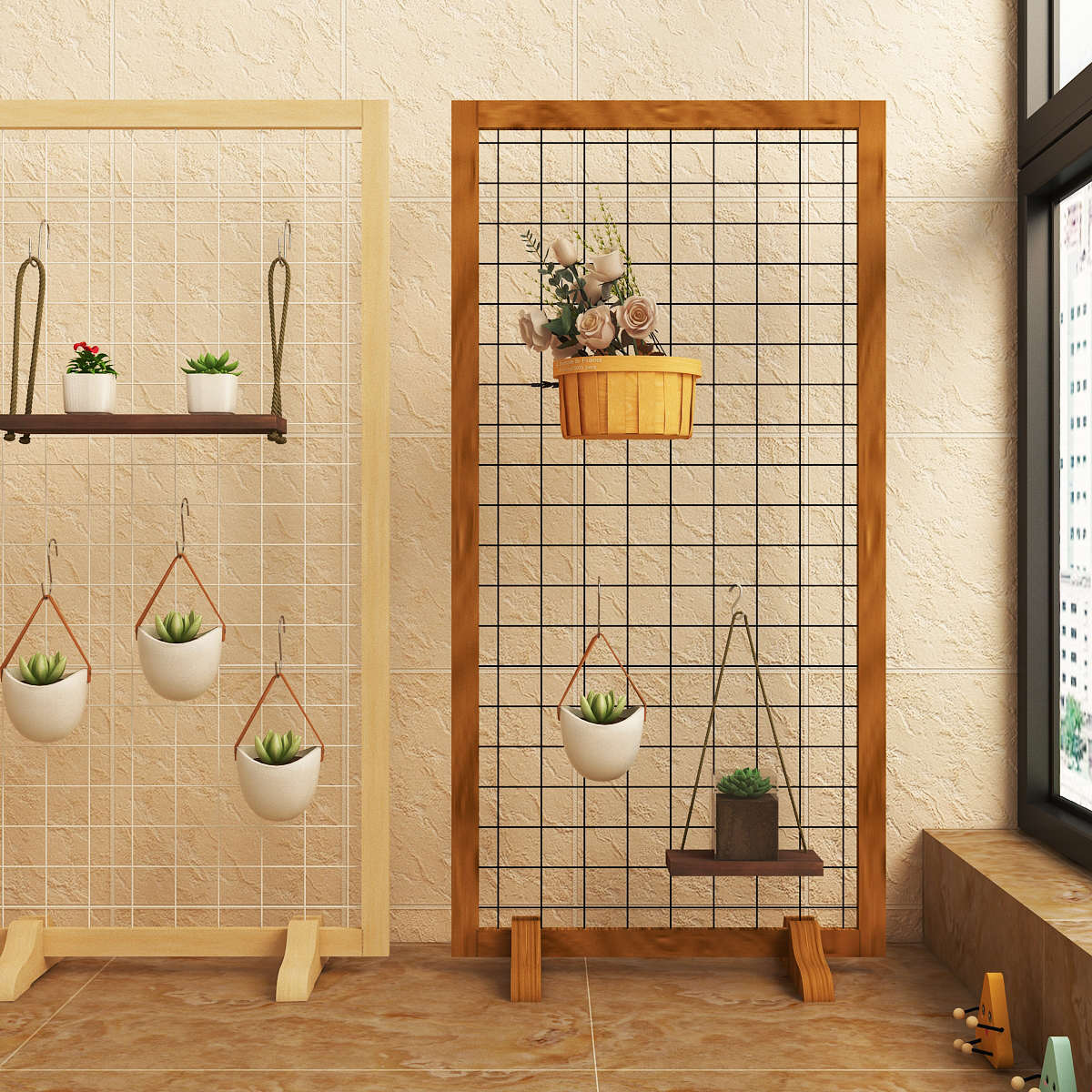 落地式阳台植物架花架铁艺实木网格展示架子收纳幼儿园装饰置物架