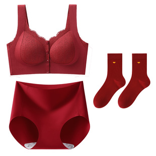 古今妈妈内衣女本命年红色聚拢提拉防垂软支撑中老年前扣文胸套装