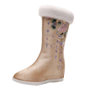 内增高秋冬汉服布靴高跟茶服舞蹈布鞋马面裙中筒夹棉加绒女绣花鞋