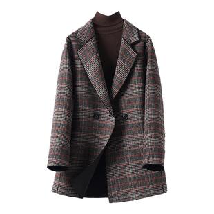 毛呢大衣女常规款西装领修身气质千鸟格2026新款高端羊毛呢子外套