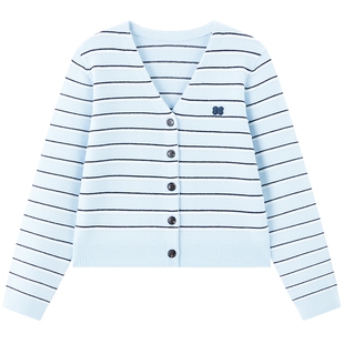 【商场同款】乐町蓝条纹针织开衫女春季新款V领毛衣外套C8EDG1339