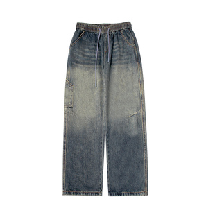 430g嘿马七作美式复古秋季新款男士水洗渐变牛仔裤休闲直筒长裤潮