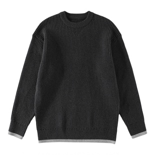 JIEYI 高克重760g加厚保暖毛衣撞色华夫格肌理感提花圆领针织衫男