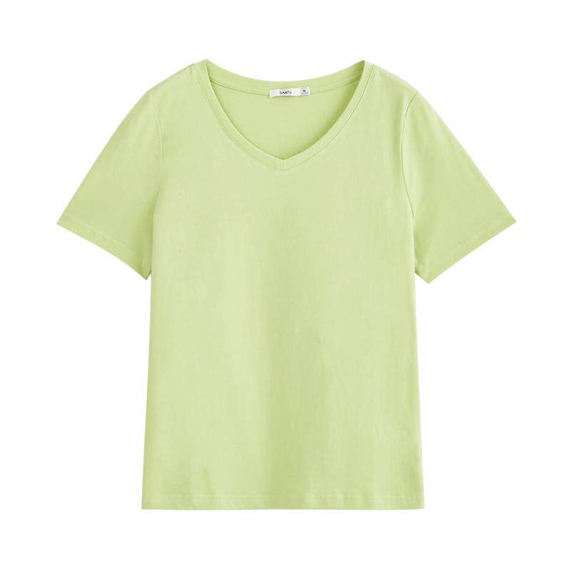 三福短袖T恤女2023夏季新款宽松正肩V领体恤纯色圆领纯棉上衣女装