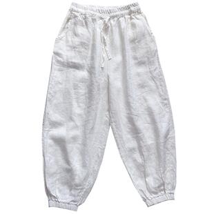 裤子女夏亚麻灯笼裤简约风收口束脚裤女装宽松显瘦薄款棉麻九分裤