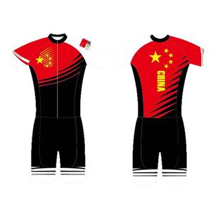 五星速滑服连体儿童夏季短袖中国国旗透气连体紧身短道训练轮滑服