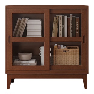 实木书柜展示柜中古风靠墙矮书柜客厅推拉门储物柜玻璃门美式书柜