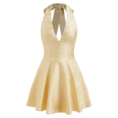 CIDER 流行风格提花挂脖V领露背褶边短连衣裙114684909