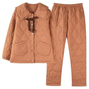 睡衣女冬季三层加厚加绒梭织纯棉夹棉秋冬款珊瑚绒外穿保暖家居服