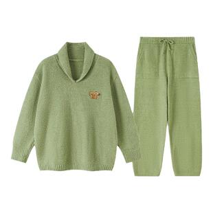 形内睡衣女套装绿色半边绒冬装2024新款冬季加绒加厚青果领家居服