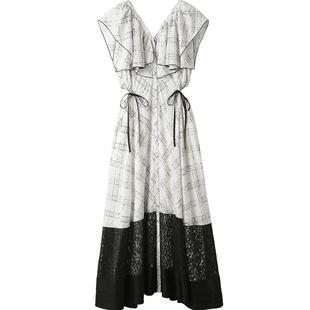 SNIDEL秋冬款蕾丝拼接露腰V领波点荷叶边连衣裙SWFO244005