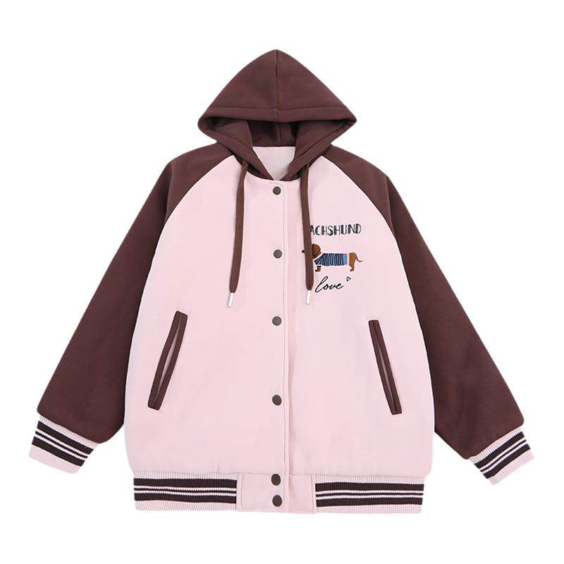 安可拉红夹棉棒球服女童秋冬新款洋气拼色绗棉加厚连帽夹克棉服潮