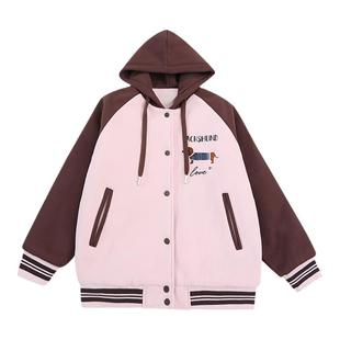 安可拉红夹棉棒球服女童秋冬新款洋气拼色绗棉加厚连帽夹克棉服潮