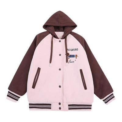 安可拉红夹棉棒球服女童秋冬新款洋气拼色绗棉加厚连帽夹克棉服潮