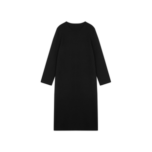 LESS休闲长袖毛衫连衣裙女秋冬通勤圆领绵羊毛黑色长裙2O9G14790
