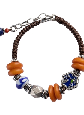 纯银盘缠手链天然蜜蜡转运平安