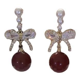 蝴蝶结红色珍珠耳环轻奢高级感银针珍珠耳钉耳坠气质秋冬新年耳饰