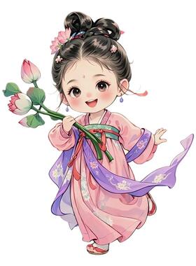 抱荷花的古风小女孩行李箱贴纸防水墙贴拉杆箱装饰贴画自粘遮丑